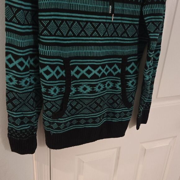 Black Teal Patterned Women's Cowl Sweater - Picture 3 of 7